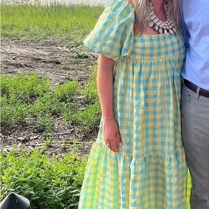 Yellow & Aqua Gingham Puff-Sleeve Dress